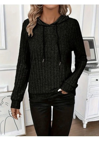 Sensuelle Kadın Uzun Kollu Kapşonlu Bağcıklı Şardonlu Kaşkorse Bluz Siyah