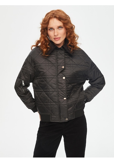 Kadife Yakalı Ribana Garnili Kapitone Mont 69438 U6943810 Siyah