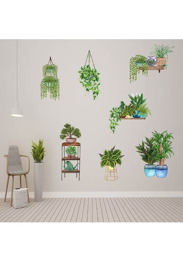 Saksılı Çiçek Tasarımlı Yapışkanlı Sticker 5060 Çok Renkli