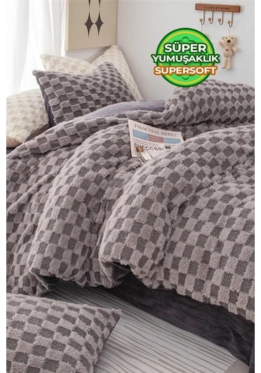 Evlen Home Çift Taraflı Kişilik Kürk Yorgan Uyku Seti Yumuşak Dolgulu Yatak Örtüsü 3 Parça Polo Antrasit