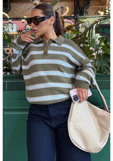 Haki Polo Yaka Çizgili Kadın Triko Kazak Mg2469 Haki