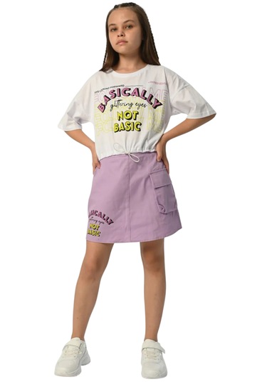 Kız Çocuk Basically Yazılı Crop Tişört Etek Takımı