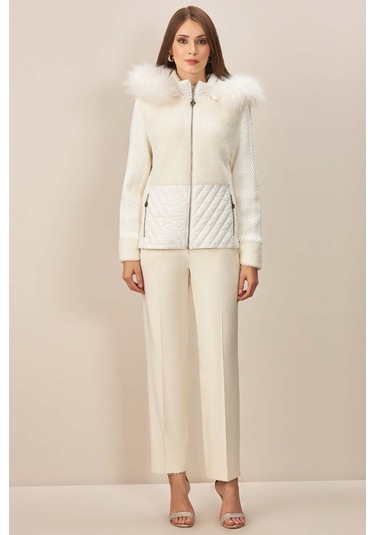 Kapüşonlu Ekru Dokuma Mont Ekru