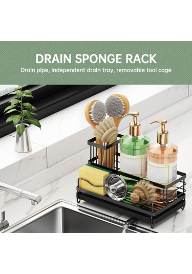 Yaozixa Paslanmaz Çelik Mutfak Sünger Tutucu - Ayarlanabilir Su Çıkışlı Ve Çıkarılabilir Fırça Askılı Siyah
