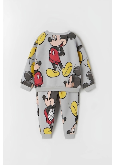 Unisex Çocuk Mickey Mouse Baskılı Gri 3 İplik Şardonsuz Kışlık Sweat Ve Eşofman Alt Üst Takım Gri