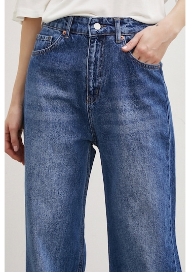 Yüksek Bel Dar Paça Mom Jean Mavi Mavi