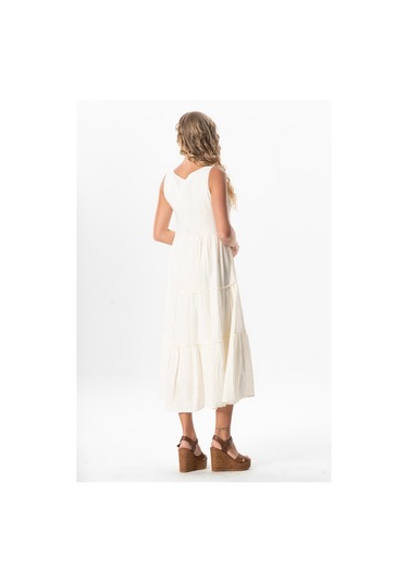 Kolsuz Artemis Oval Yaka Yıldız Baskılı Midi Boy Müslin Yazlık Elbise Kırık Beyaz Krkbyz Kırık Beyaz