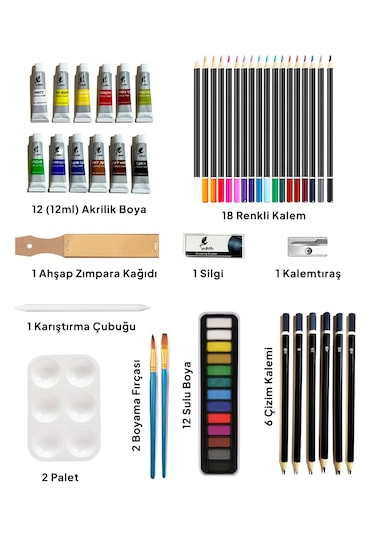 Bergamo 56 Lı Ahşap Taşıma Çantalı Karışık Çizim Boyama Seti