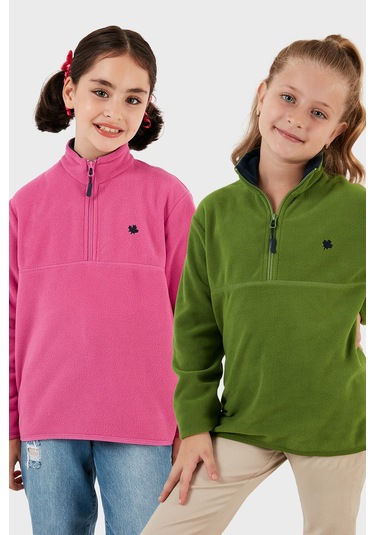 Lela Yumuşak Dokulu Fermuarlı Dik Yaka Şardonlu 2'Li Paket Çocuk Polar 5905002S2 Fıstık Yeşil-Fuşya