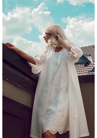 Magic Form 30108 Kadın Ekru Brodeli Lohusa Sabahlık Gecelik Takım