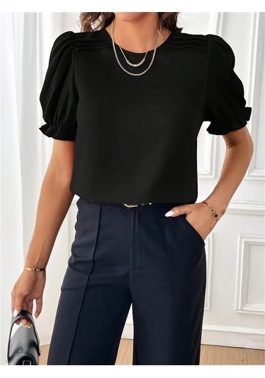 Pazarella Kadın Kısa Kollu Bisiklet Yaka Kolları Gipeli Ithal Krep Bluz Siyah