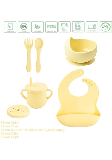 Jojobebek Silikon Vakumlu Kase, Silikon Çatal-kaşık, Silikon Pipetli Bardak, Çerez Kapağı, Önlük / Sarı