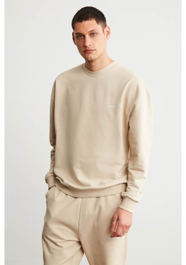 Raırok Erkek İçi Polarlı Comfort Oversize Nakışlı Bej Sweat