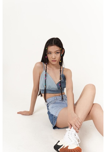 Holly Lolly Yüksek Bell, Çift Renkli Mini Ocean Jean Şort Mavi