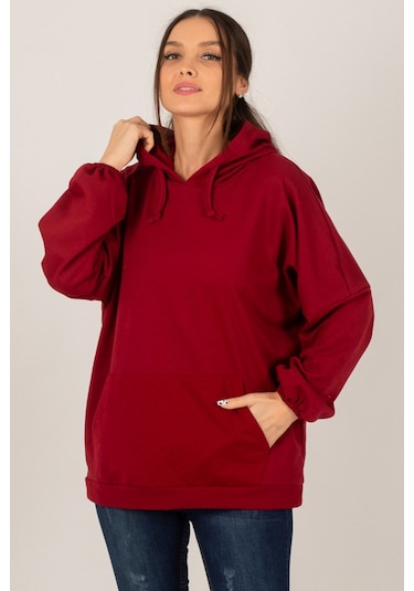 Armonika Kadın Bordo Kapüşonlu Cepli Sweatshirt Arm-21k024027