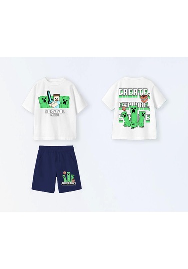 Erkek Çocuk Minecraft Şortlu Takım Beyaz-lacivert Beyaz - Lacivert