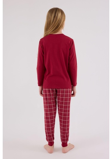 Arnetta Garson Kız Çocuk Aile %100 Pamuklu 4 Mevsim Ekoseli Uzun Kollu Pijama Takım Bordo