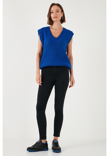 Lela V Yaka Örme Triko Bayan Süveter 4616105Y Saks