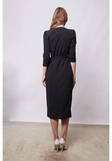 Kadın Likralı Krep Kumaş Kruvaze Capri Truvakar Kol Diz Altı Elbise-siyah Siyah