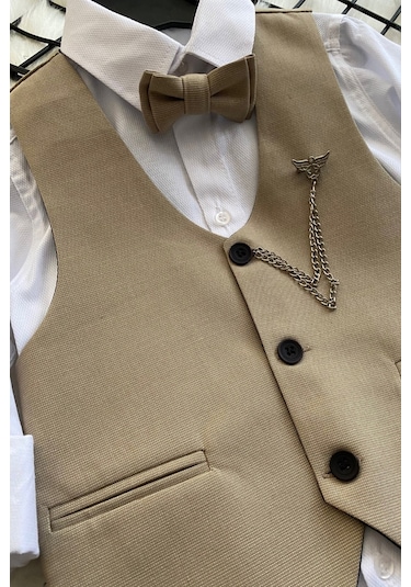 Zincirli Üç Düğme Erkek Çocuk Takım Elbise Bej