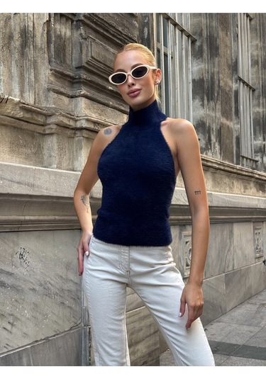 Kadın Yarım Balıkçı Yaka Full Esnek Sakallı Sırt Dekolteli Spor Şık Tasarım Sırtı Açık Bluz Lacivert