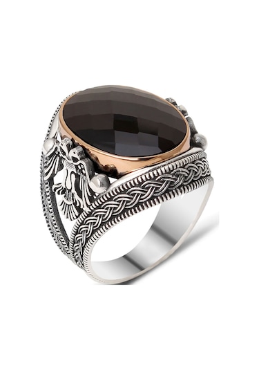 Siyah Oniks Taşlı Çift Başlı Kartal Işlemeli Gümüş Erkek Yüzük