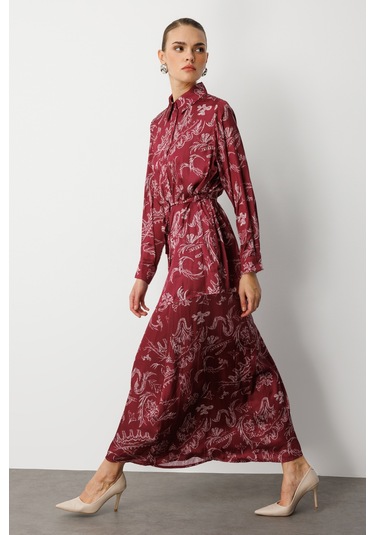 Mizalle Bordo Desenli Evaze Uzun Saten Etek Bordo