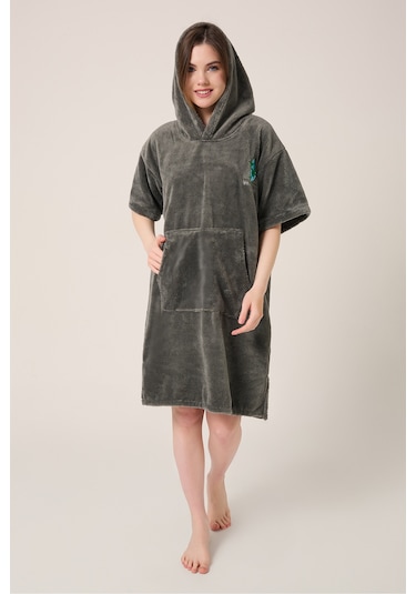 Palmiye Sörf Nakışlı Yetişkin Sörf Yazlık Panço Kapüşonlu Plaj Havlusu Antrasit Antrasit