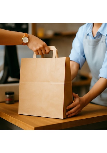 Flat Saplı Kraft Kağıt Çanta 32x21x32 Cm Doğal Kahverengi, Dayanıklı, Baskısız Çanta-10 Adet