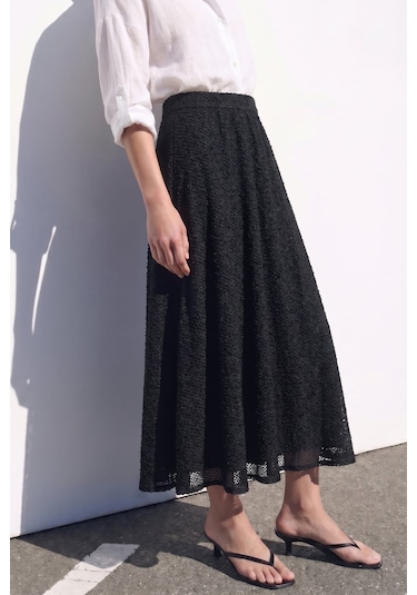 Sateen Dokulu Kloş Etek - Siyah-137412