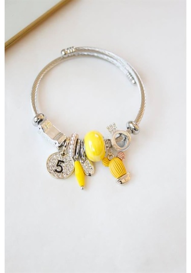 Çelik Charmlı Kaktüs Bilezik - Sarı Sarı