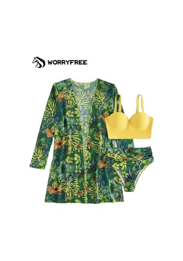 Kadın Yaz Baskılı Bikini Mayo Üç Parçalı Set - Sarı - Wr409329