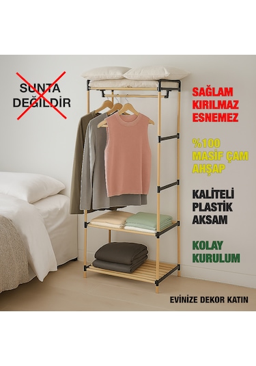 Ne02 Ahşap Gardrop Elbise Askısı Ve İkili Raf Sistemi Masif Çam Ahşap Ahşap