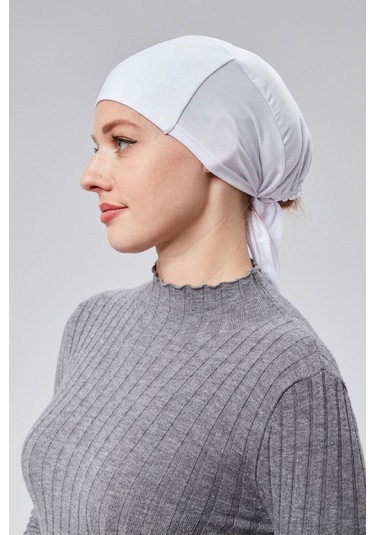 Kadın Tesettür Likralı Penye Dikişsiz Kaymaz Düz Bağlamalı Bone Beyaz