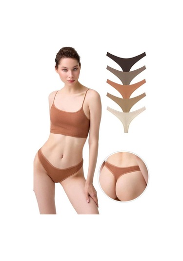 Kadın Pamuklu Ve Likrali Fitilli Kaşkorse Tanga Külot 5'li Paket-2 Renkli-2 Çok Renkli