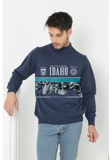 Blacktree Baskılı Yarım Boğazlı Uzun Kol Dokuma Triko - Indigo Indigo İndigo