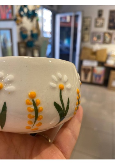Seramik El Yapımı Fincan Takımı 2'li Set Dal Papatya Desenli Beyaz - Sarı