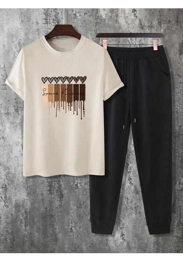 Unisex Leopar Kalp Baskılı Eşofman Takımı Bej