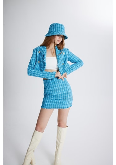 Holly Lolly Tüvit Kumaş Mini Tweed Etek Mavi