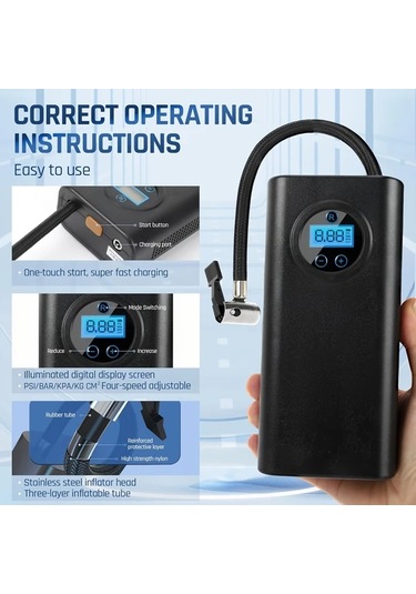 Boatshop1 Taşınabilir Usb Dijital Ekranlı Şişirici Hava Kompresörü 3000mah Kablosuz Şarj Motosiklet Araba Lastik Pompası
