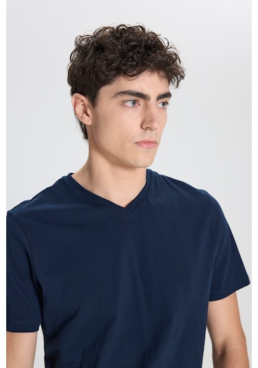 Ac&Co / Altınyıldız Classics Slim Fit Dar Kesim V Yaka Pamuklu Erkek Tişört Lacivert