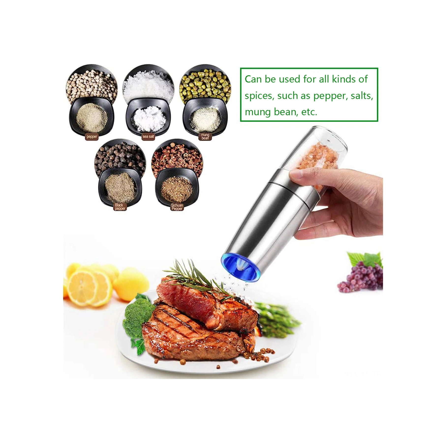Yunboo Ev Elektrikli Biber Değirmeni, Çekim Sensörlü, Çelik Paslanmaz, Ayarlandırabilir Değirme Kalınlığı, Mavi Led Işık, Tek Elle Kullanım Pil Dahil Değil Gümüş
