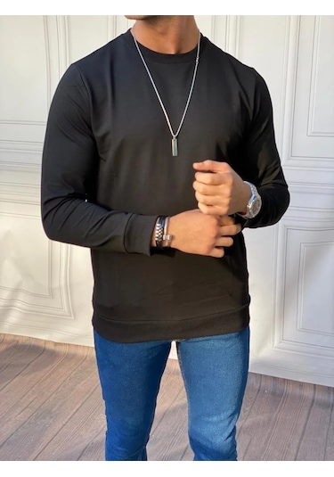 Modefendi Düz Renk İki İplik Sweatshırt Siyah