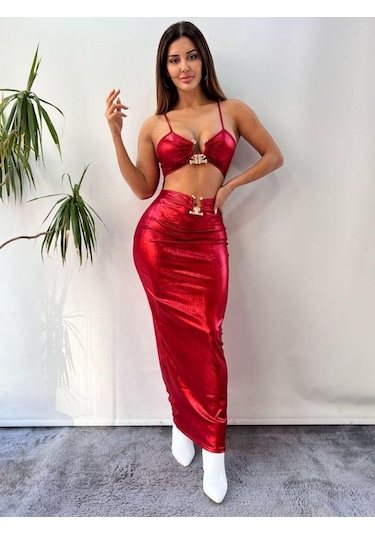 Pink Life Kırmızı Pu Faux Lame Tokalı Elbise