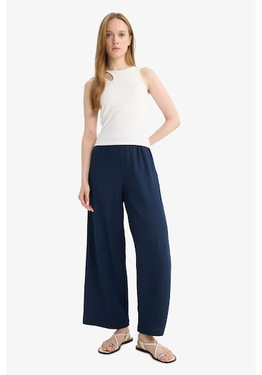 Defacto Beli Lastikli Düz Paça Bürümcük Pantolon F6166ax25smnv250 Lacivert