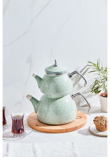 Karaca  Kristal Yeşil İndüksiyon Tabanlı Emaye Midi Çaydanlık Takımı