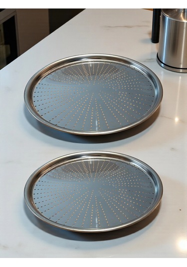 Paslanmaz Çelik Delikli Pizza Fırın Tepsisi Lahmacun Fırın Tepsisi 2'li Set 28 32 Cm Çok Renkli