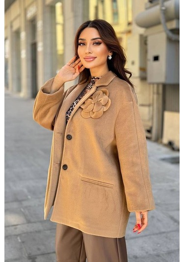 Fever Broş Çiçekli Kadın Kaşe Kaban 342118001 Camel