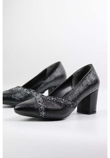 De Scarıo 642 Kadın Simli Detaylı Sivri Burun Kalın Topuklu Ayakkabı Siyah