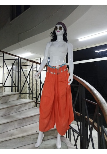 Bohem Stil İtalyan Cepli Keten Şalvar Pantolon Cmn00154 Oranj